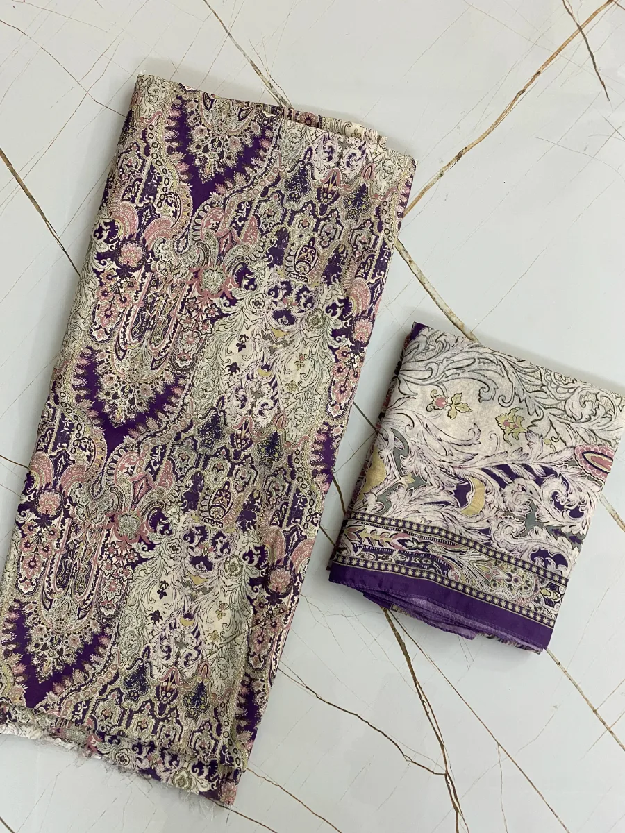Muslin | Cream with Purple Print | Printed | Unstitched Suit