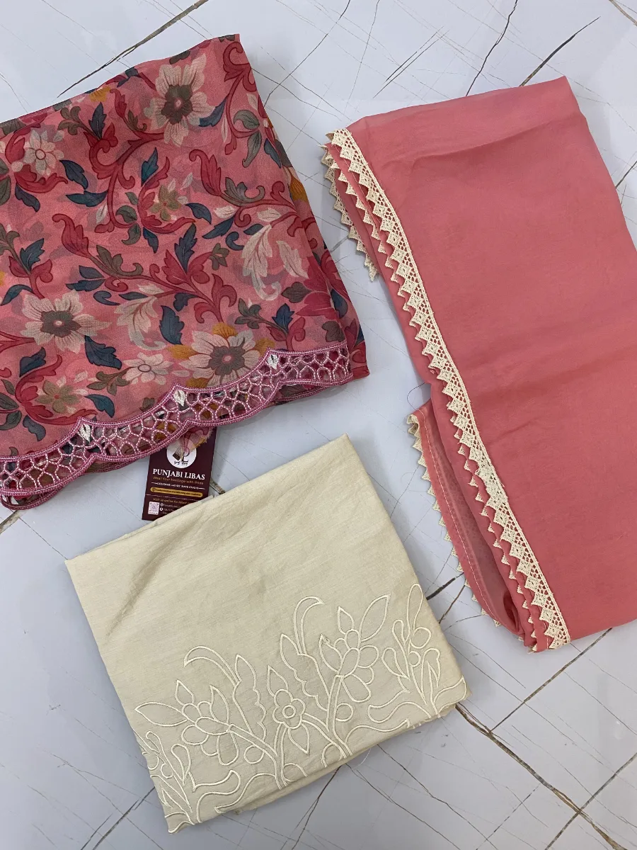 Organza & Muslin | Pinkish-red, Light beige & Dusty pink | Machine Embroidery, Thread & Lace Work | Unstitched Suit