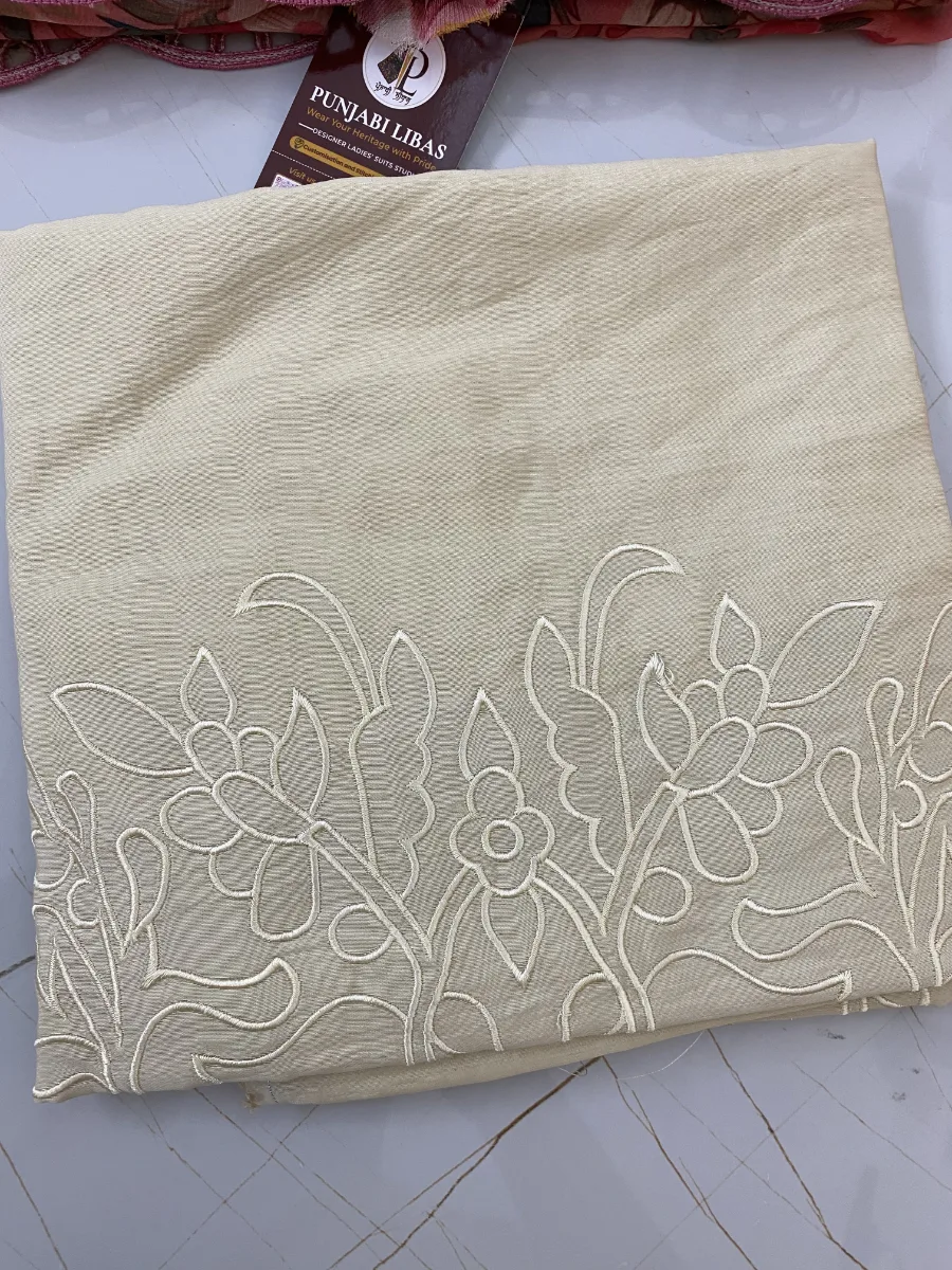 Organza & Muslin | Pinkish-red, Light beige & Dusty pink | Machine Embroidery, Thread & Lace Work | Unstitched Suit