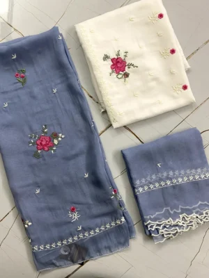 Organza Muslin | Powder Blue White | Thread Work Machine Embroidery | Unstitched Suit