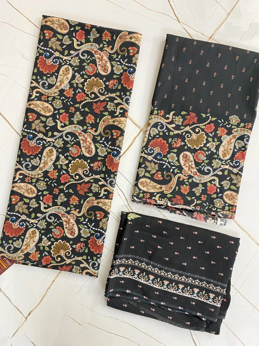 Pure Cotton | Black | Printed | Unstitched Suit