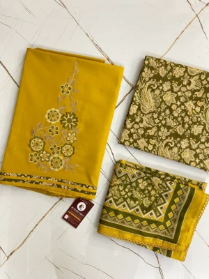 Pure Cotton | Mustard Yellow & Olive Green | Thread Work & Printed | Unstitched Suit