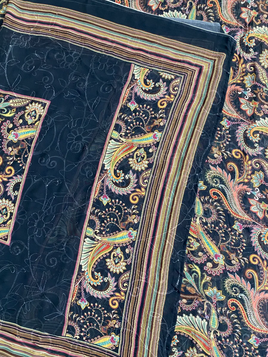 Pure Georgette | Black Multicolour Flower | Aari & Printed | Unstitched