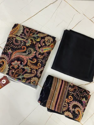Pure Georgette | Black Multicolour Flower | Aari & Printed | Unstitched