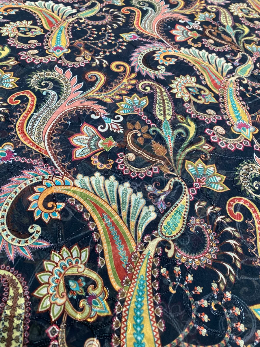 Pure Georgette | Black Multicolour Flower | Aari & Printed | Unstitched