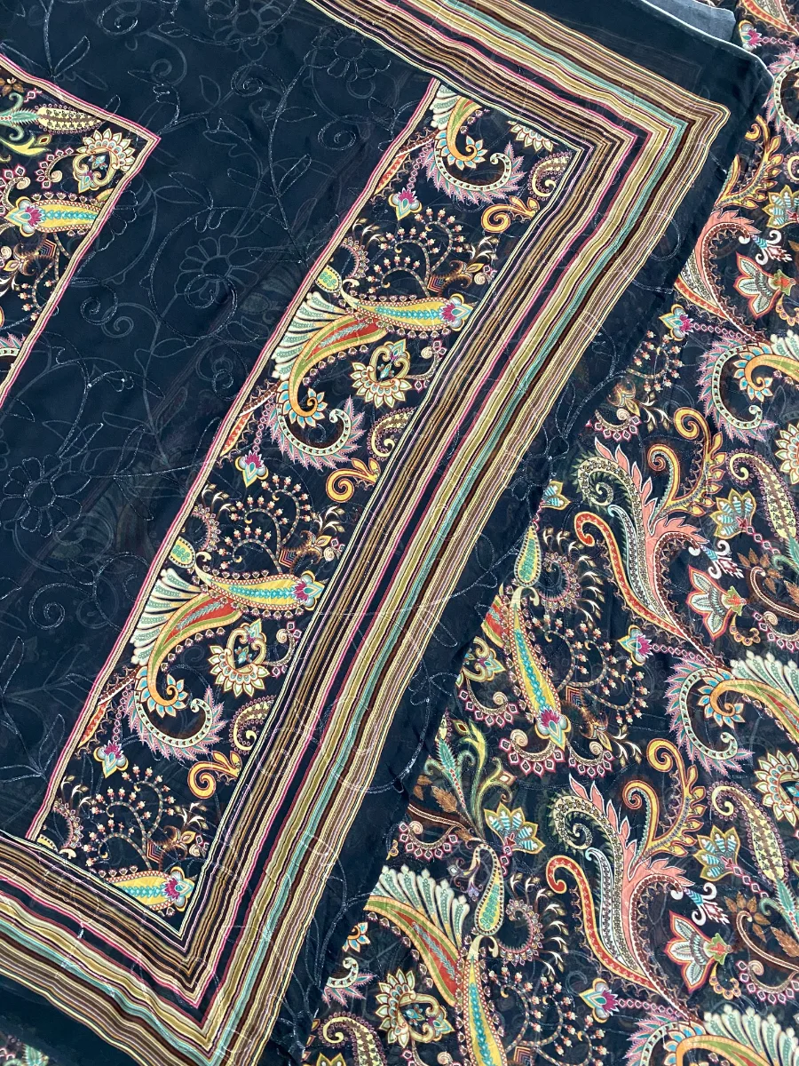 Pure Georgette | Black Multicolour Flower | Aari & Printed | Unstitched