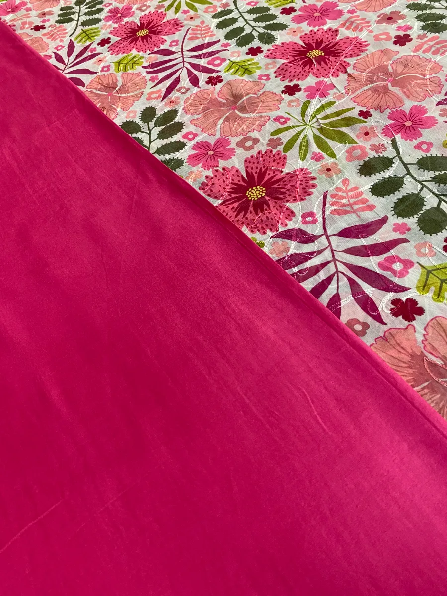 Pure Georgette | Magenta Pink Multicolour Flower | Aari & Printed | Unstitched