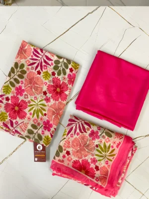 Pure Georgette | Magenta Pink Multicolour Flower | Aari & Printed | Unstitched