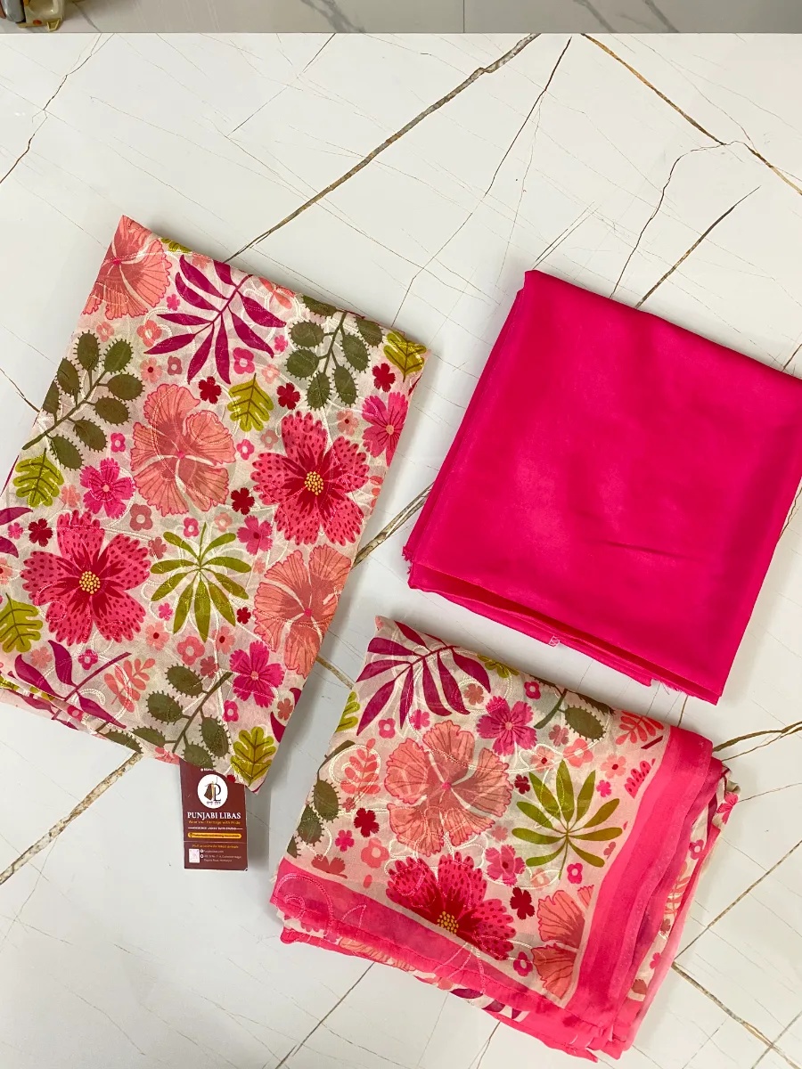 Pure Georgette | Magenta Pink Multicolour Flower | Aari & Printed | Unstitched