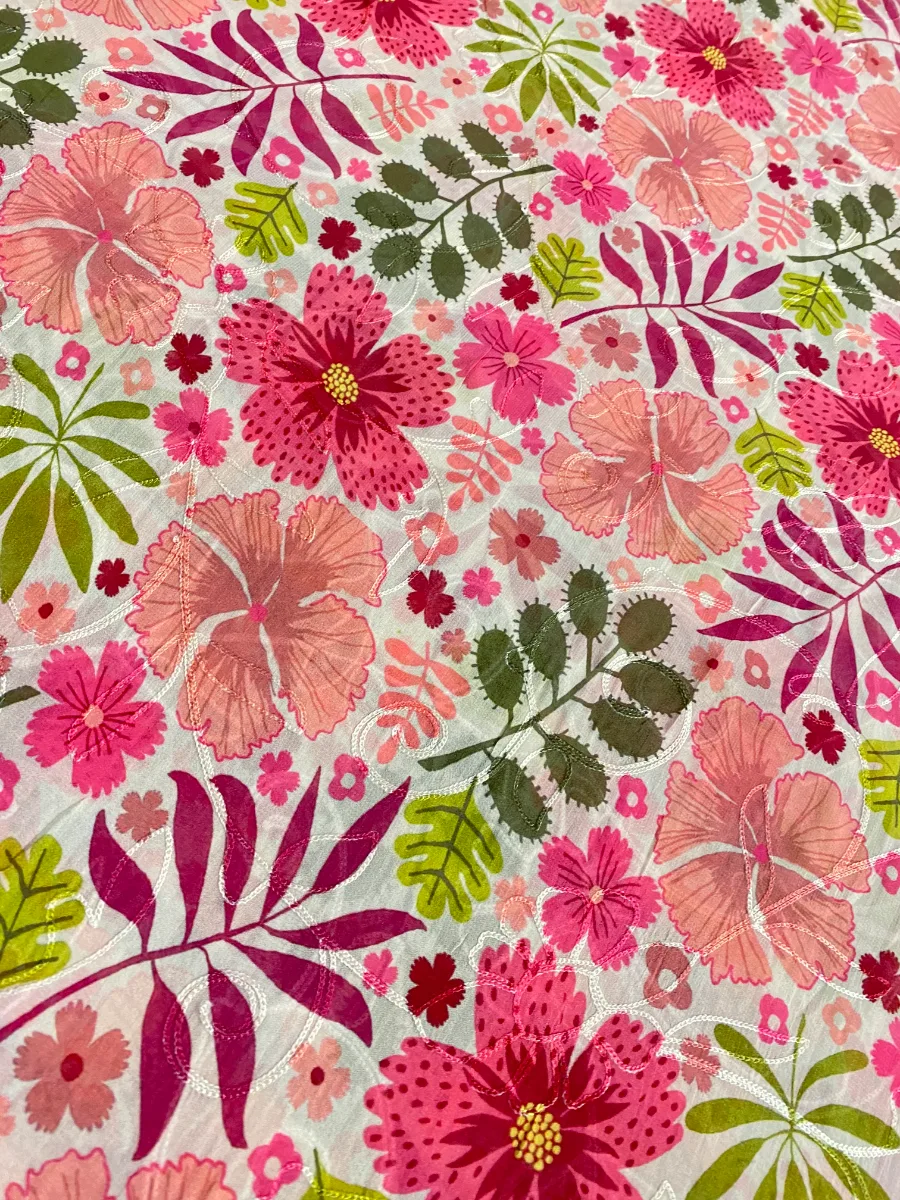 Pure Georgette | Magenta Pink Multicolour Flower | Aari & Printed | Unstitched
