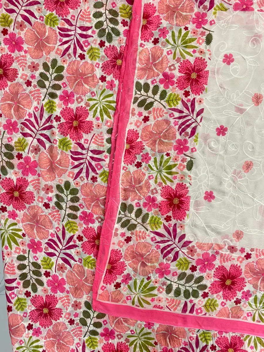 Pure Georgette | Magenta Pink Multicolour Flower | Aari & Printed | Unstitched