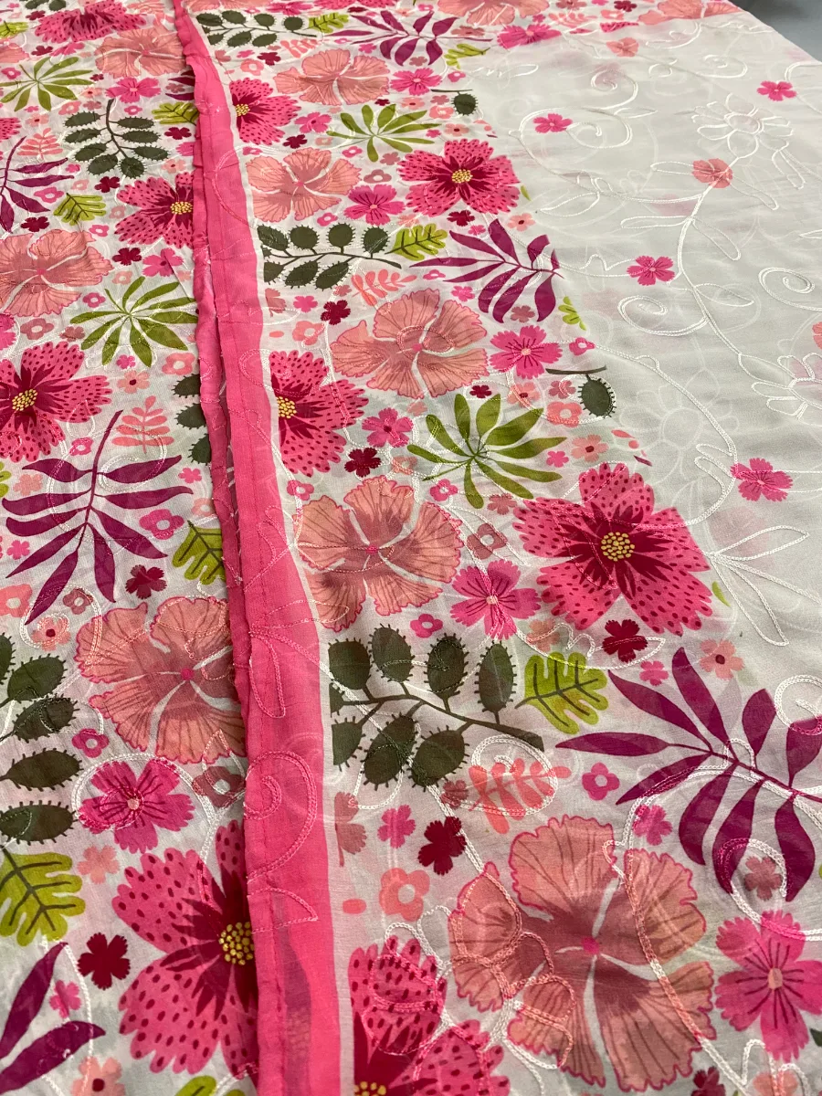Pure Georgette | Magenta Pink Multicolour Flower | Aari & Printed | Unstitched