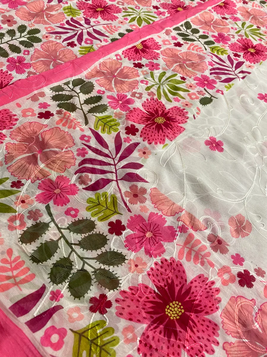 Pure Georgette | Magenta Pink Multicolour Flower | Aari & Printed | Unstitched