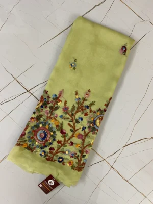 Pure Organza | Light Mint Green Multicolour | Thread Knot Work | Unstitched