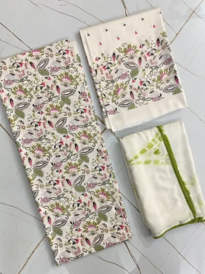 Cotton | Cream Maroon Mustard Olive Floral | Lace Work Printed | Unstitched Suit