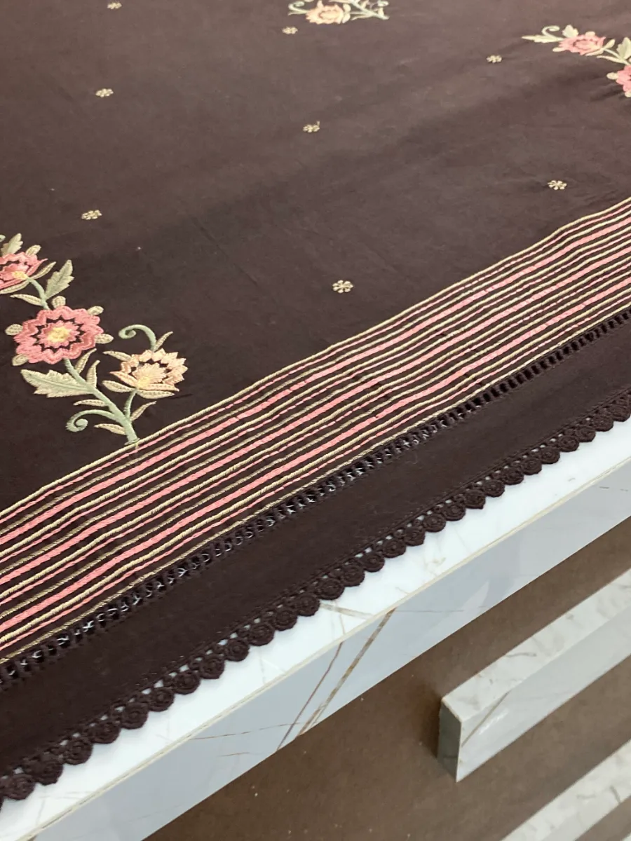 Cotton | Dark Brown | Thread Work | Unstitched Suit