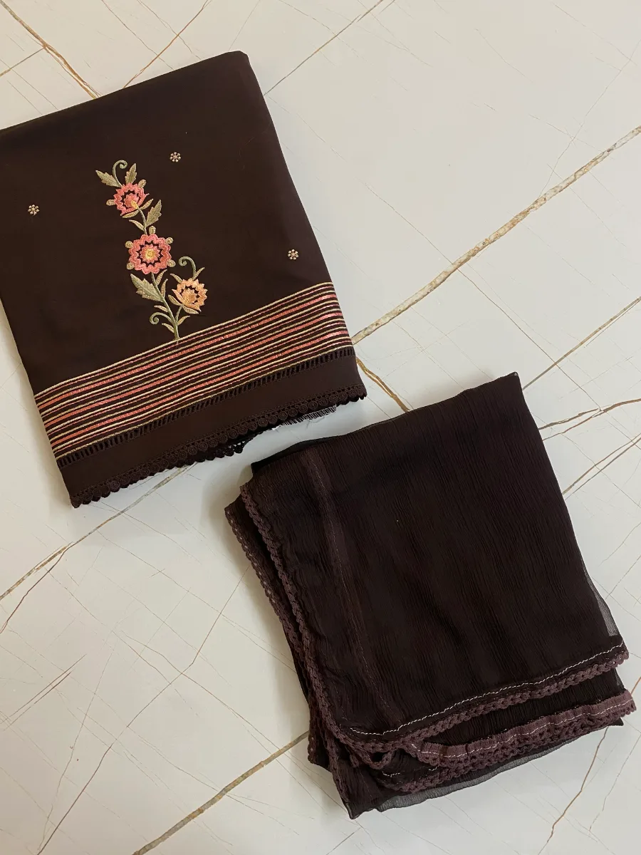 Cotton | Dark Brown | Thread Work | Unstitched Suit