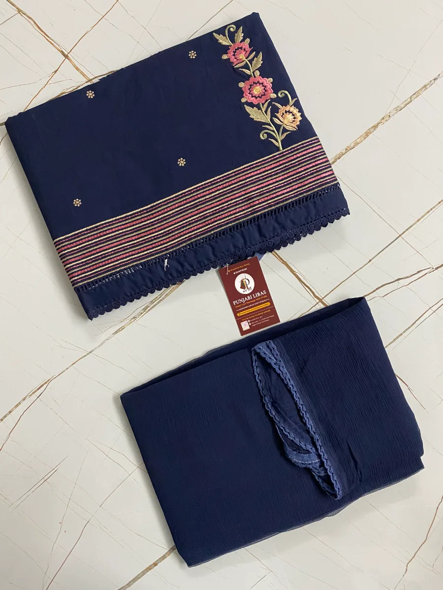 Cotton | Dark Navy | Thread Work | Unstitched Suit