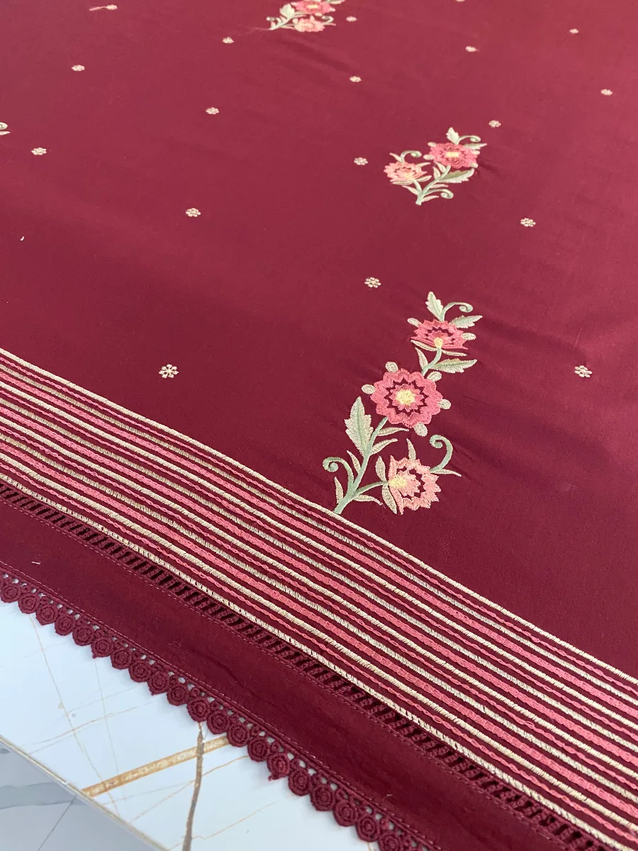 Cotton | Deep Maroon | Thread Work | Unstitched Suit