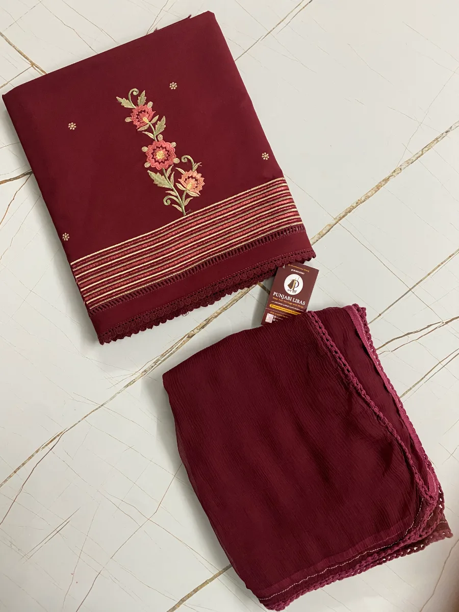 Cotton | Deep Maroon | Thread Work | Unstitched Suit