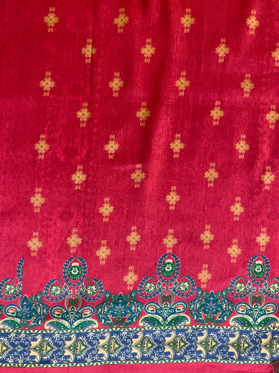 Cotton | Deep Red | Thread Work Printed | Unstitched Suit