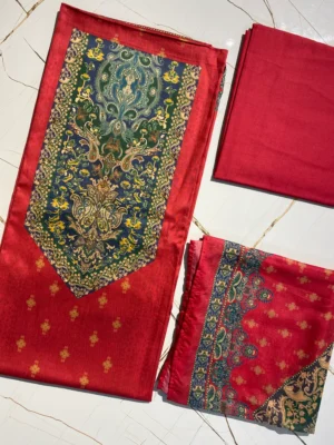 Cotton | Deep Red | Thread Work Printed | Unstitched Suit