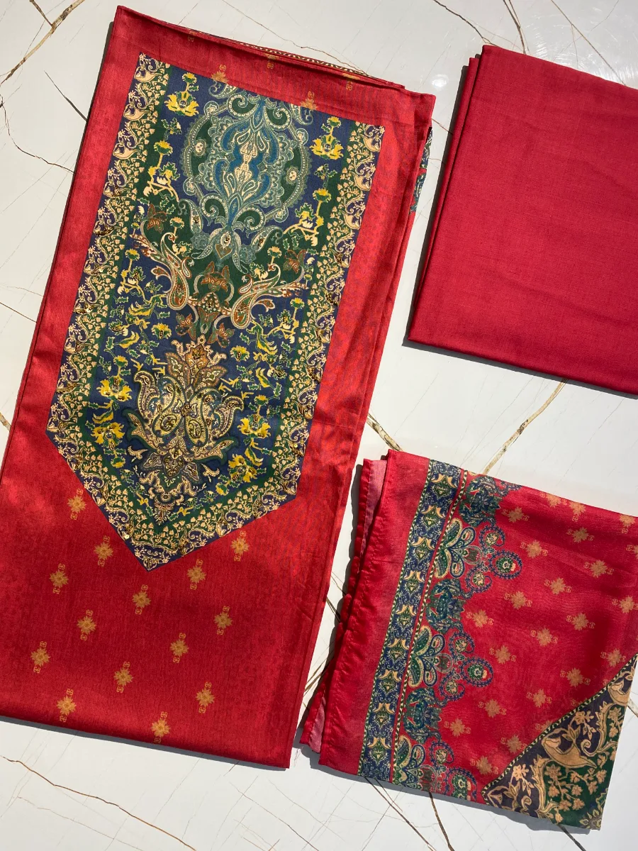 Cotton | Deep Red | Thread Work Printed | Unstitched Suit