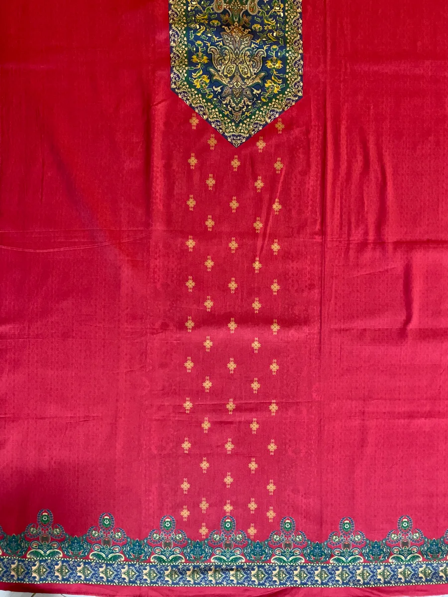 Cotton | Deep Red | Thread Work Printed | Unstitched Suit