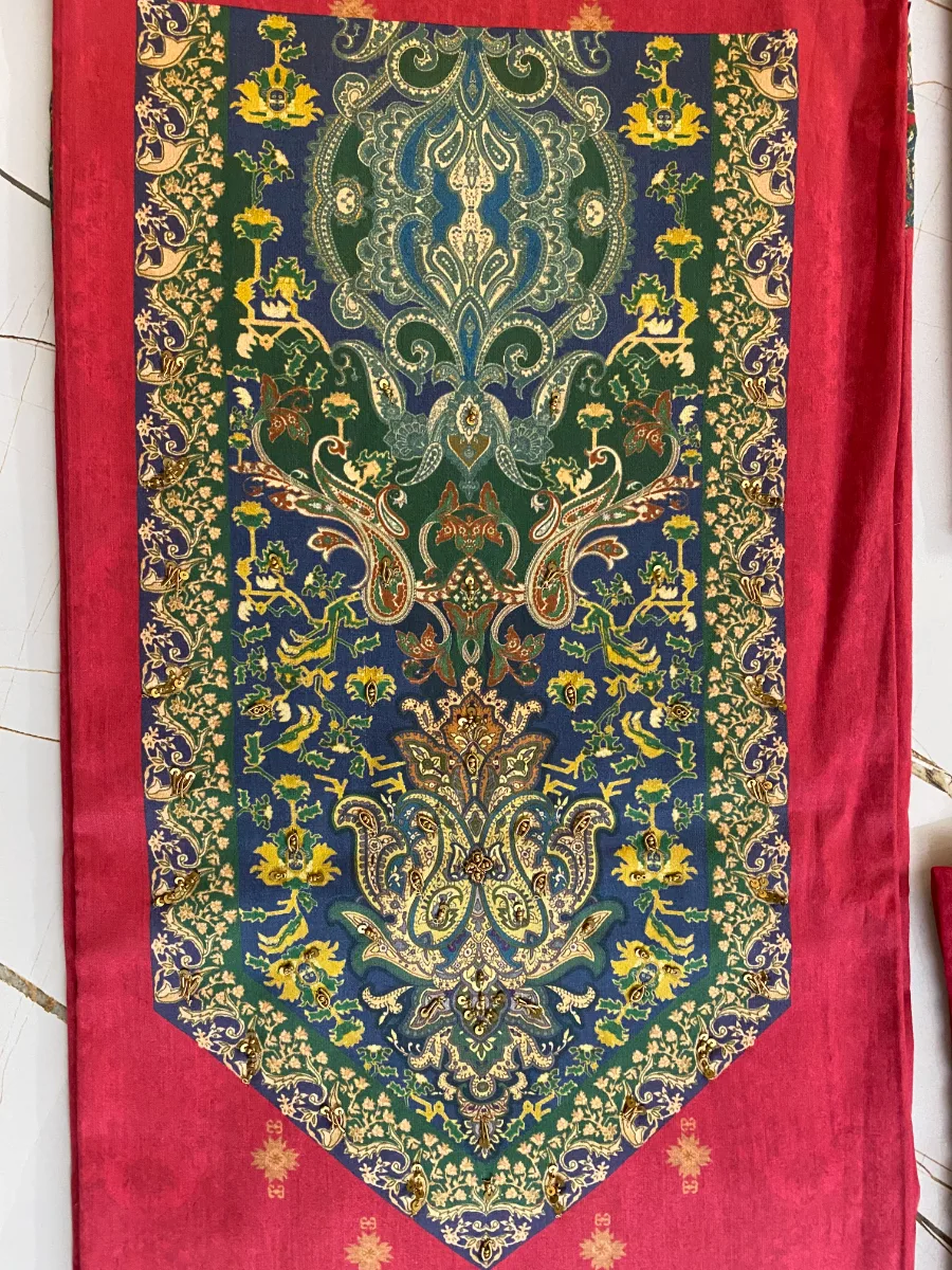 Cotton | Deep Red | Thread Work Printed | Unstitched Suit