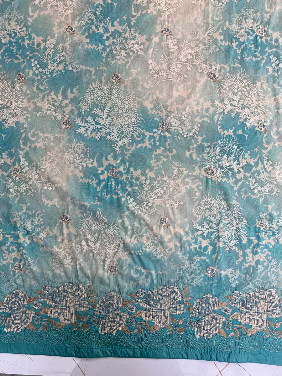 Cotton | Deep Teal | Printed & Machine Embroidered | Unstitched Suit