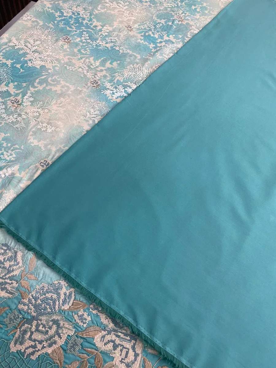 Cotton | Deep Teal | Printed & Machine Embroidered | Unstitched Suit