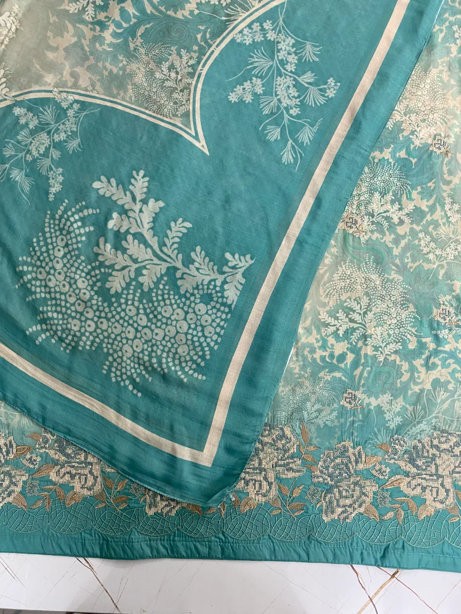 Cotton | Deep Teal | Printed & Machine Embroidered | Unstitched Suit