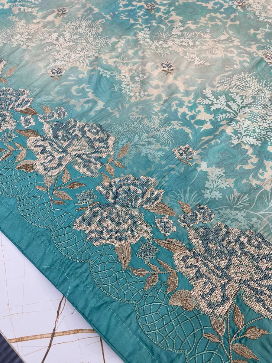 Cotton | Deep Teal | Printed & Machine Embroidered | Unstitched Suit
