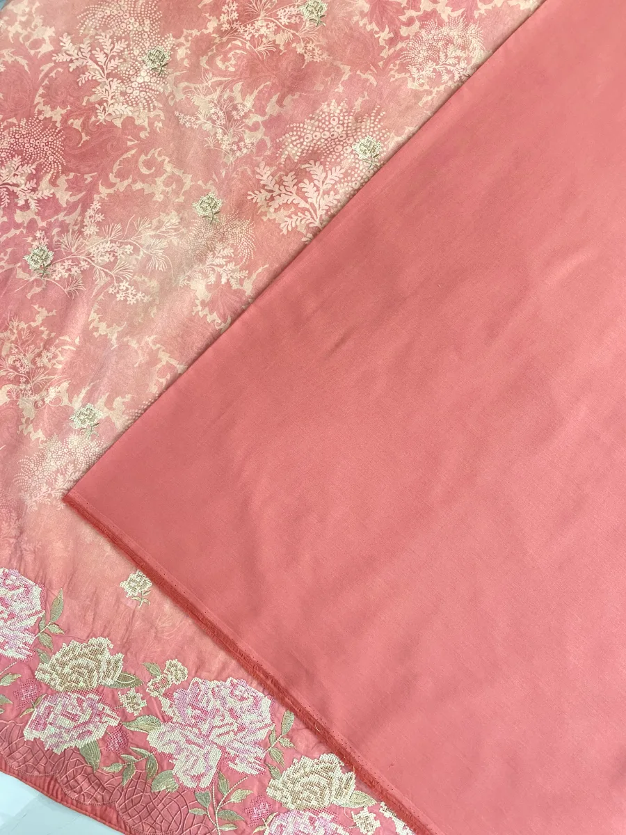 Cotton | Dusty Rose Pink | Printed & Machine Embroidered | Unstitched Suit