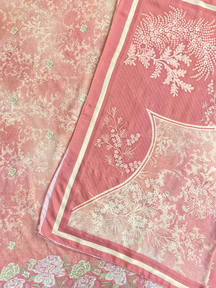 Cotton | Dusty Rose Pink | Printed & Machine Embroidered | Unstitched Suit