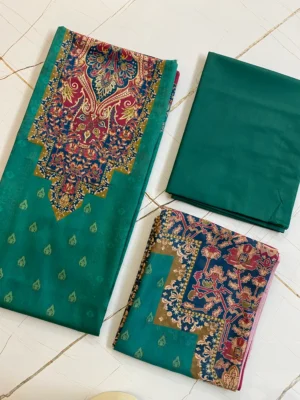 Cotton | Green & Teal Royal | Thread Work Printed | Unstitched Suit