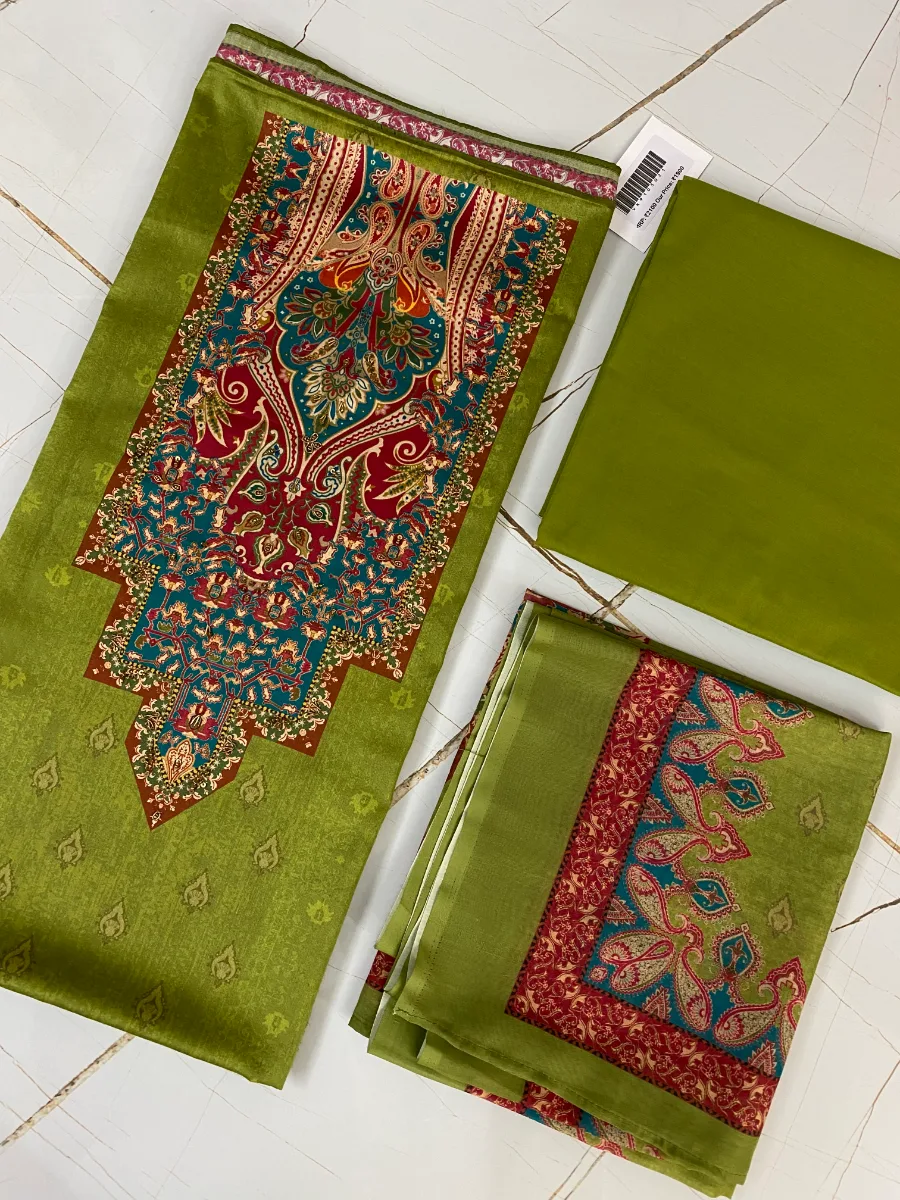 Cotton | Green | Thread & Printed Work | Unstitched Suit