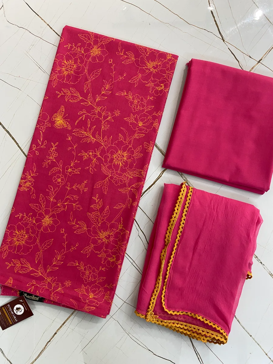 Cotton | Magenta | Lace & Print | Unstitched Suit
