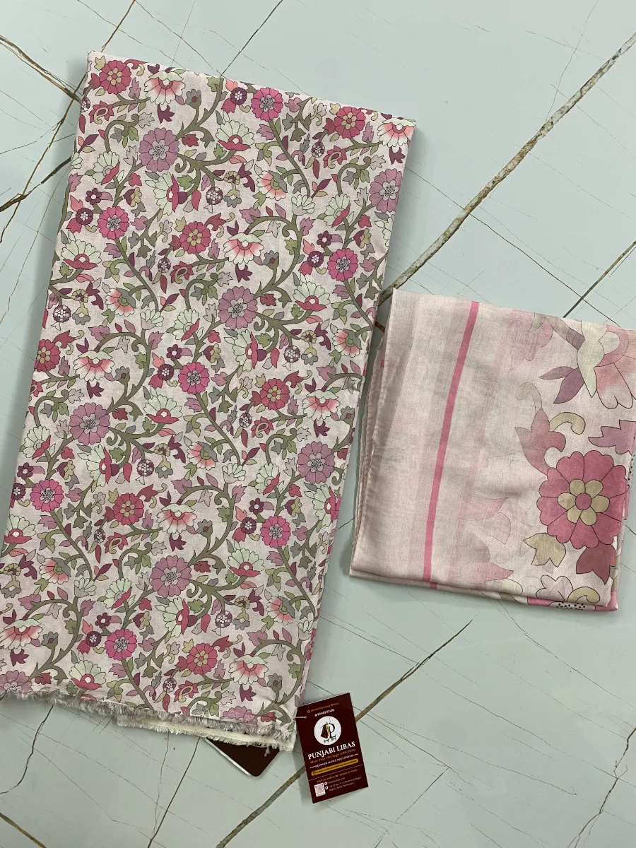 Cotton Muslin | Cream Pink Sky Blue Dense Floral | Printed | Unstitched Suit