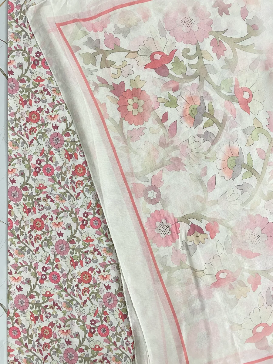 Cotton Muslin | Cream Pink Sky Blue Dense Floral | Printed | Unstitched Suit