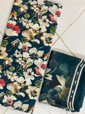 Cotton Muslin | Dark Teal Floral | Printed | Unstitched Suit