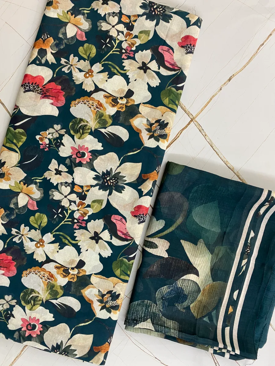 Cotton Muslin | Dark Teal Floral | Printed | Unstitched Suit