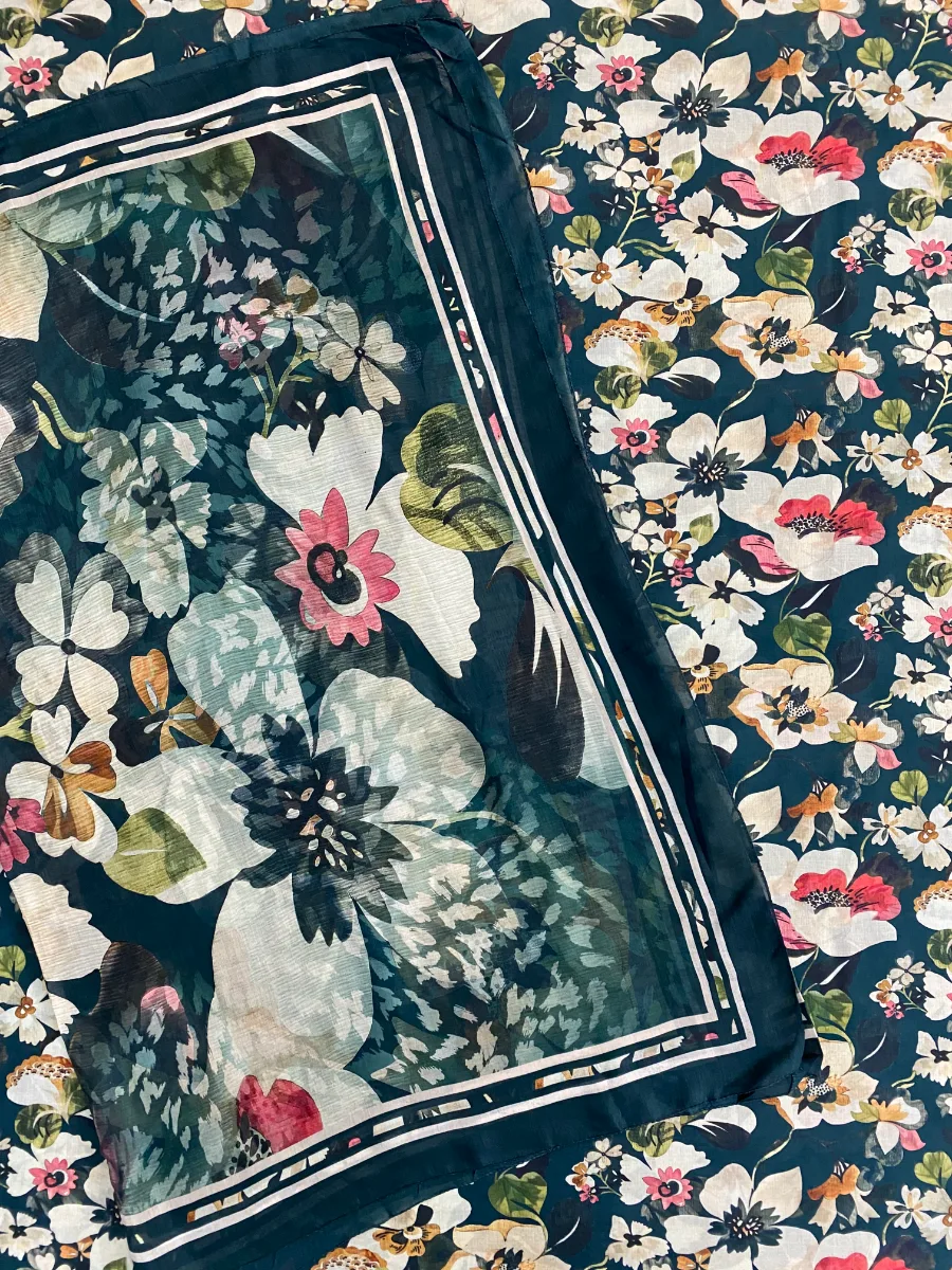 Cotton Muslin | Dark Teal Floral | Printed | Unstitched Suit