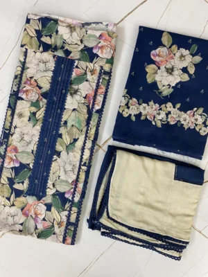 Cotton Muslin | Deep Navy Blue | Printed Floral | Unstitched Suit