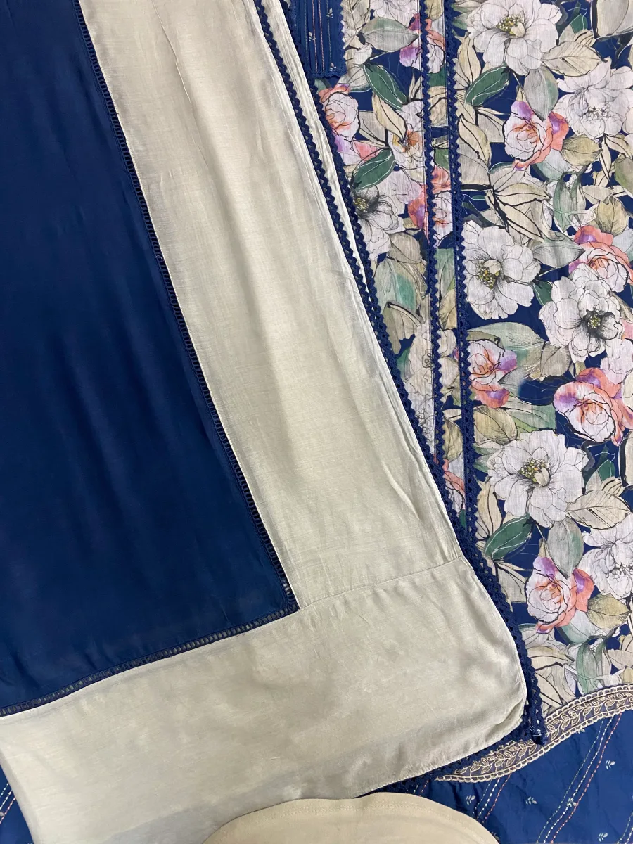 Cotton Muslin | Deep Navy Blue | Printed Floral | Unstitched Suit