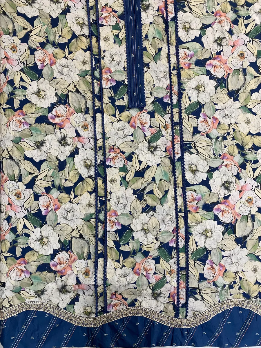 Cotton Muslin | Deep Navy Blue | Printed Floral | Unstitched Suit