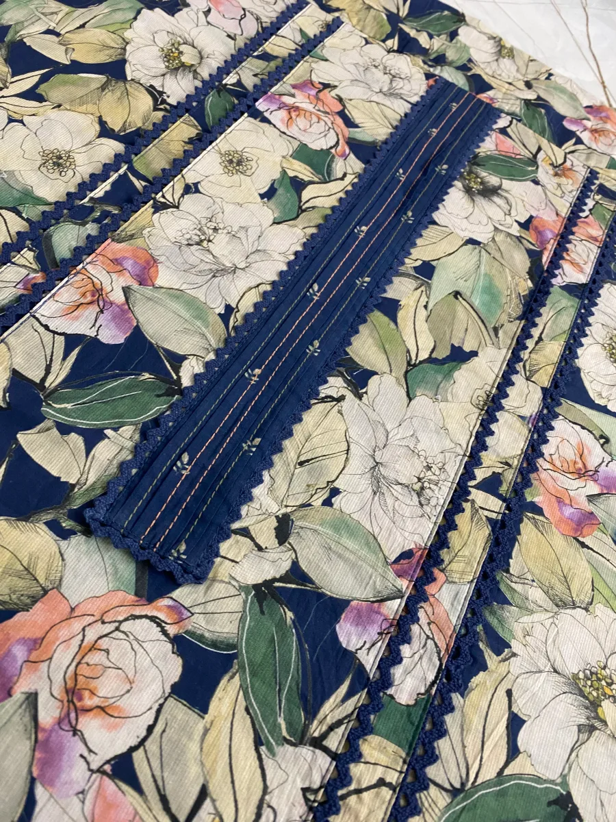 Cotton Muslin | Deep Navy Blue | Printed Floral | Unstitched Suit