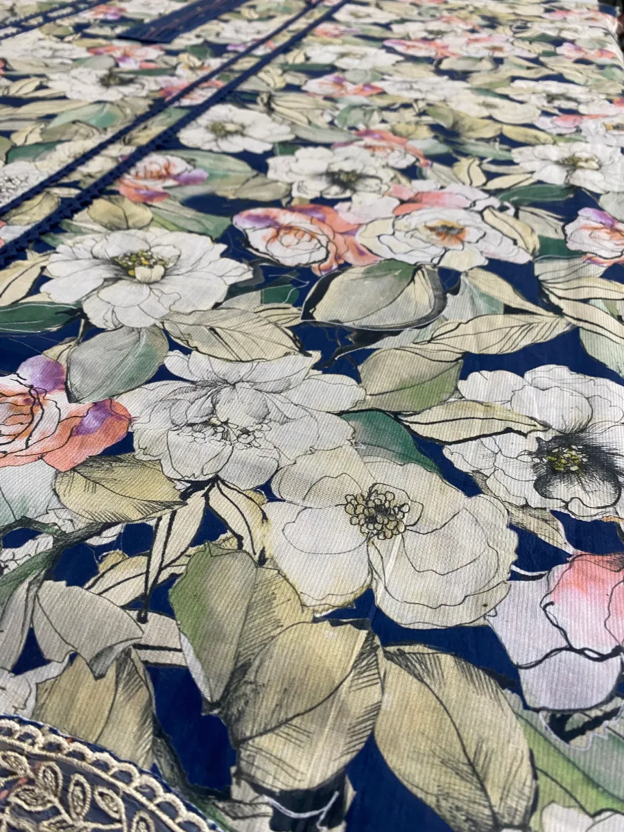 Cotton Muslin | Deep Navy Blue | Printed Floral | Unstitched Suit
