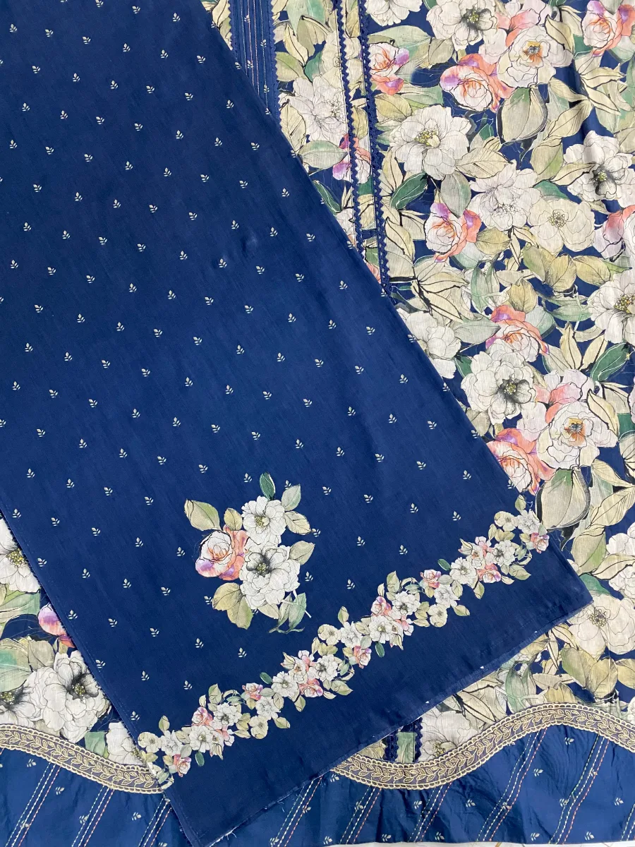 Cotton Muslin | Deep Navy Blue | Printed Floral | Unstitched Suit