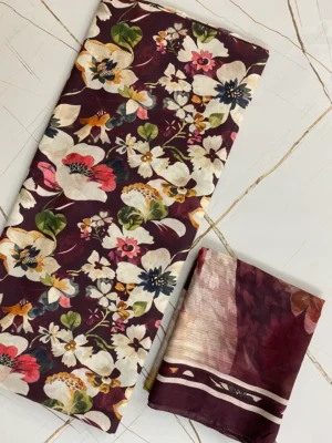 Cotton Muslin | Maroon Floral | Printed | Unstitched Suit
